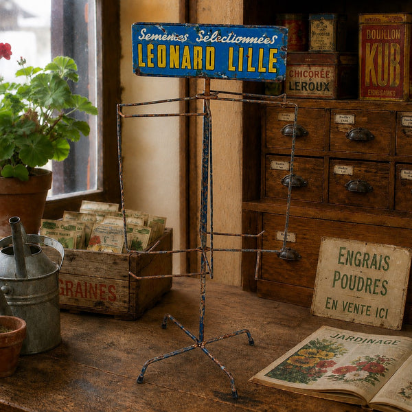Ancien petit présentoir de comptoir tourniquet à graines / semences Léonard Lille