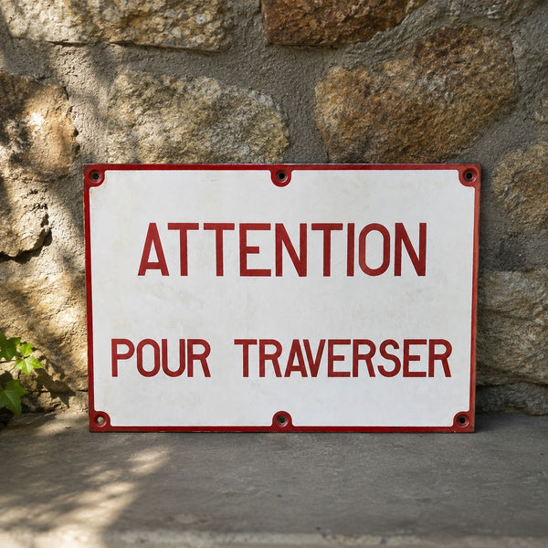 Plaque émaillée ancienne SNCF « Attention pour traverser » – signalétique ferroviaire