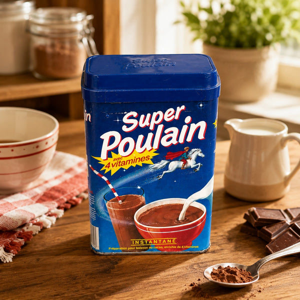 Boîte publicitaire vintage cacao instantané Super Poulain – Années 1980