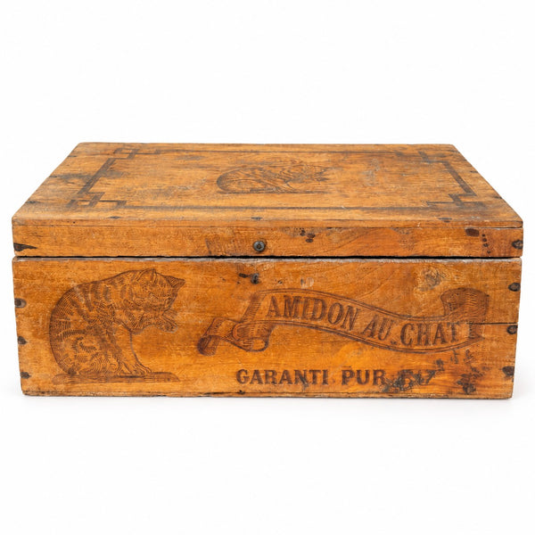Ancienne boîte publicitaire en bois Amidon au Chat Hoffmann