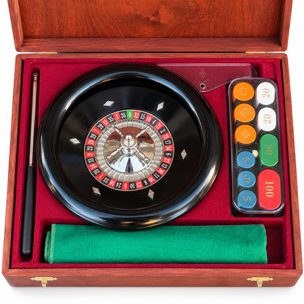 Coffret de roulette Grand Casino en bois avec roulette, jetons et tapis de jeu - possiblement Modiano
