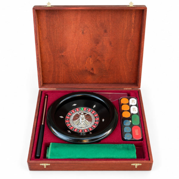 Coffret de roulette Grand Casino en bois avec roulette, jetons et tapis de jeu - possiblement Modiano