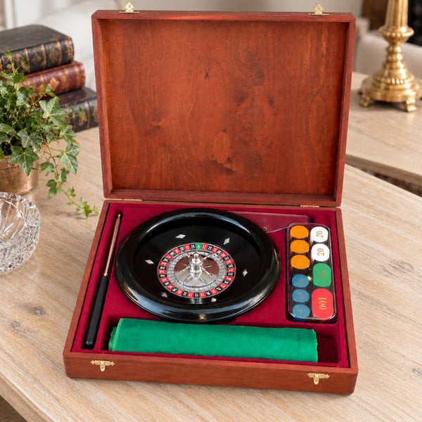 Coffret de roulette Grand Casino en bois avec roulette, jetons et tapis de jeu - possiblement Modiano
