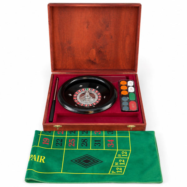 Coffret de roulette Grand Casino en bois avec roulette, jetons et tapis de jeu - possiblement Modiano