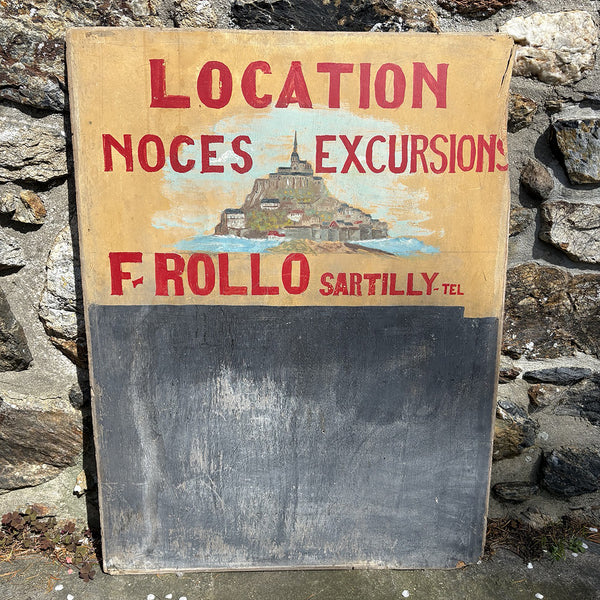 Panneau publicitaire ancien peint à la main – Location noces excursions – Mont-Saint-Michel – F. Rollo Sartilly