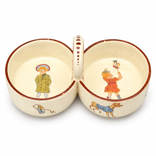 Ancien saleron double Sarreguemines U&C « Enfants Richard » en faïence fine (1880-1910)