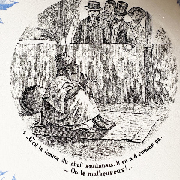 Lot de 6 assiettes parlantes anciennes – Exposition Universelle 1900 – Sarreguemines – Décor bleu et scènes humoristiques