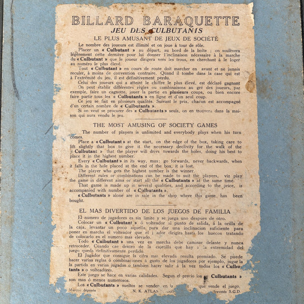 Ancien jeu de comptoir La Baraquette – Jeu des Culbutants, N. K. Atlas Paris (vers 1904-1920)