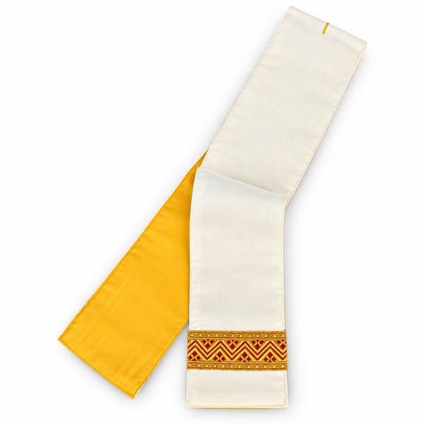 Ancien manipule liturgique en tissu de soie ivoire, rouge et or brodé