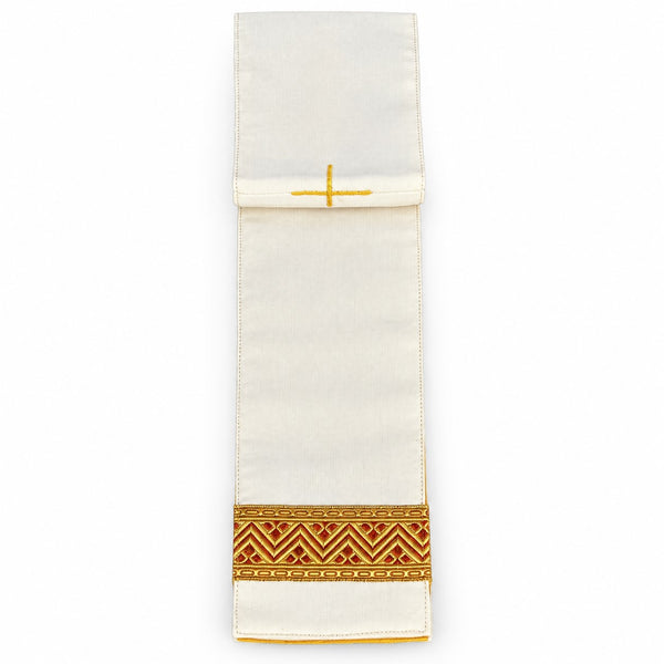 Ancien manipule liturgique en tissu de soie ivoire, rouge et or brodé