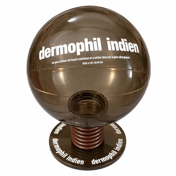 Présentoir publicitaire vintage de pharmacie Dermophil Indien en plastique fumé (années 1970-1980)