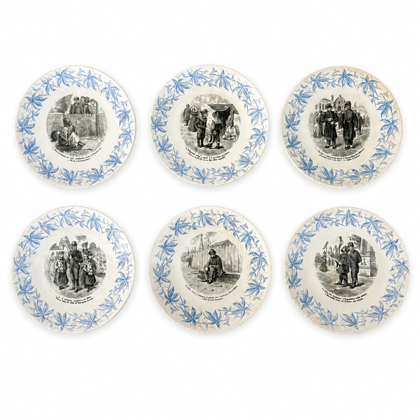 Lot de 6 assiettes parlantes anciennes – Exposition Universelle 1900 – Sarreguemines – Décor bleu et scènes humoristiques