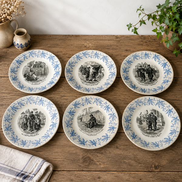 Lot de 6 assiettes parlantes anciennes – Exposition Universelle 1900 – Sarreguemines – Décor bleu et scènes humoristiques