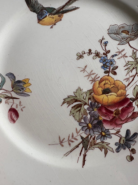 Ancienne assiette 24.5 cm en faïence polychrome Choisy le Roi E. Bourgeois oiseau