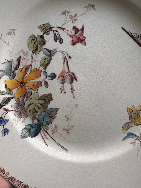 Ancienne assiette 24.6 cm en faïence polychrome Choisy le Roi E. Bourgeois oiseau
