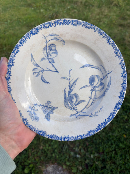 Ancienne assiette montée en faïence patinée de HB & Cie / Choisy le Roi modèle à fruits