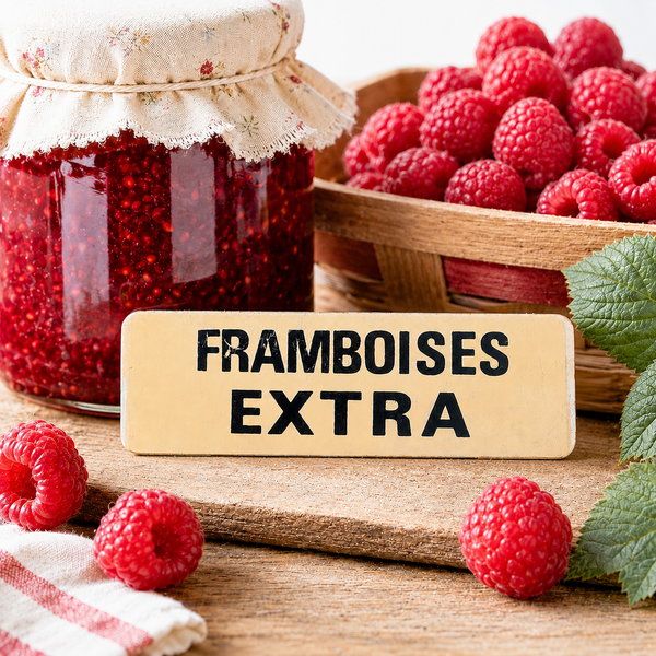 Ancienne étiquette d'épicerie « Framboises Extra » en plastique rigide
