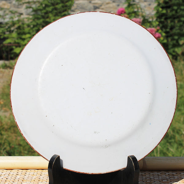 Ancienne assiette 22.2 cm en tôle émaillée / oiseaux / décor japonisant