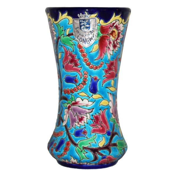Ancien vase cornet en émaux de Longwy 16.5 cm à motif floral