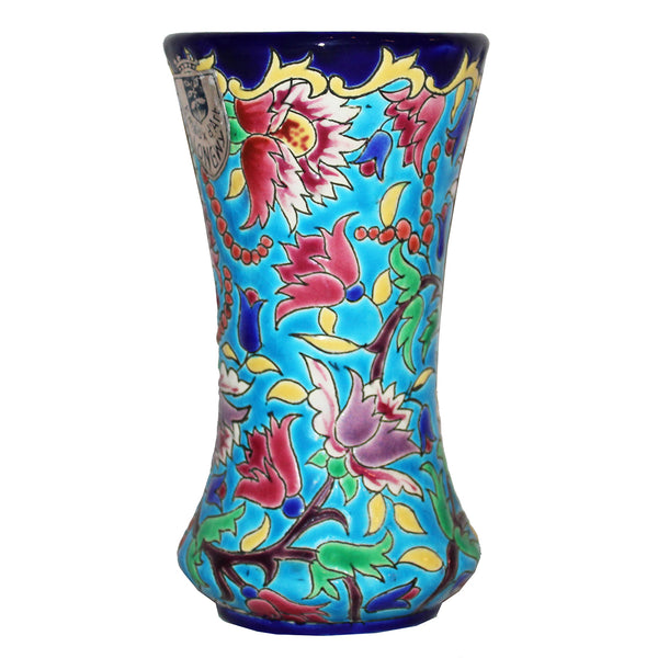 Ancien vase cornet en émaux de Longwy 16.5 cm à motif floral