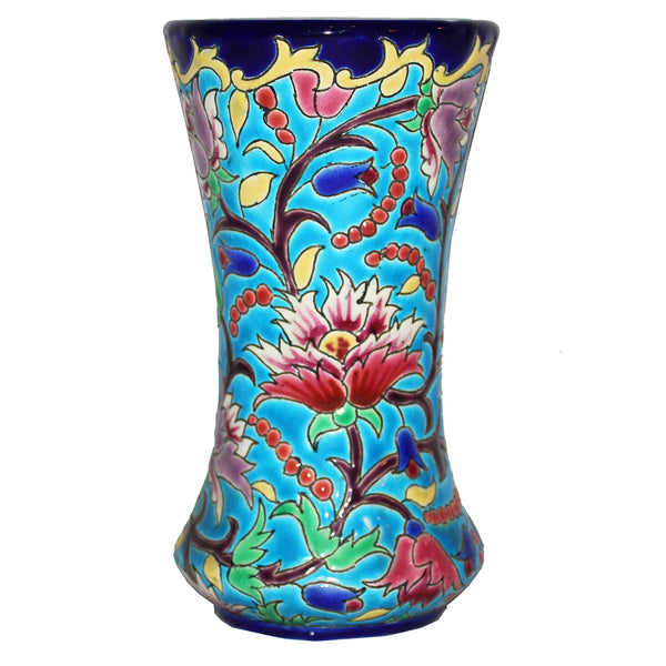 Ancien vase cornet en émaux de Longwy 16.5 cm à motif floral