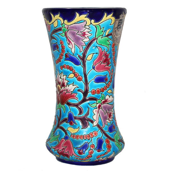 Ancien vase cornet en émaux de Longwy 16.5 cm à motif floral