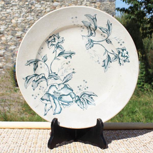 Ancien plat rond 28.3 cm en faïence de Lyon FL modèle Rose de Noël