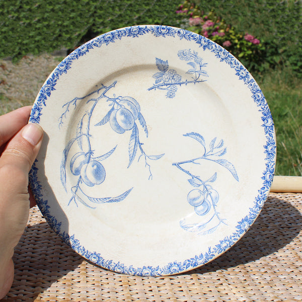 Ancienne assiette montée en faïence patinée de HB & Cie / Choisy le Roi modèle à fruits