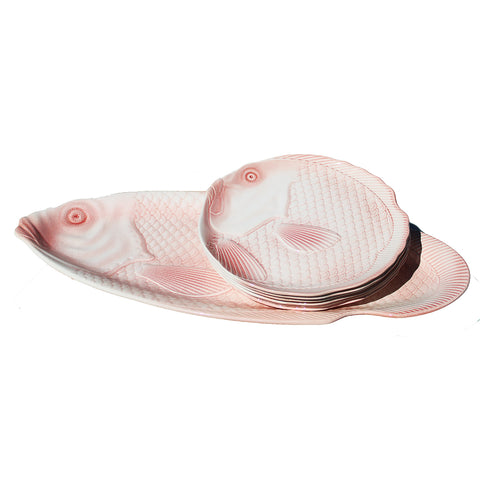 Set of 6 flat fish plates + 1 vintage pink Salins earthenware dish