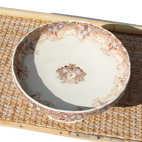 Ancien compotier en faïence polychrome / Creil et Montereau modèle Cygne