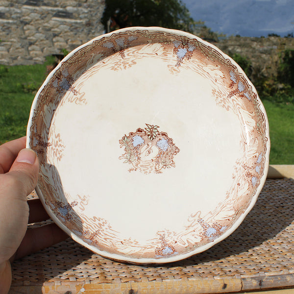 Ancien compotier en faïence polychrome / Creil et Montereau modèle Cygne