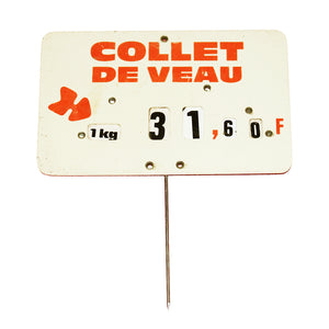 Étiquette de boucherie vintage prix en francs Collet de Veau / le kilo