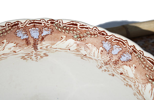 Ancien compotier en faïence polychrome / Creil et Montereau modèle Cygne