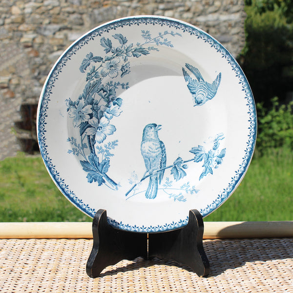 Ancienne assiette creuse 22.7 cm en faïence de Longwy modèle Mésange