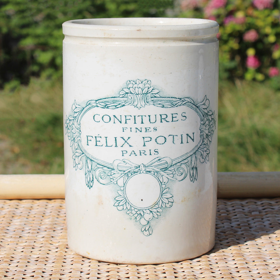 Ancien grand pot à confiture publicitaire 15 cm Félix Potin Paris en grès vernissé