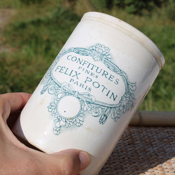 Ancien grand pot à confiture publicitaire 15 cm Félix Potin Paris en grès vernissé