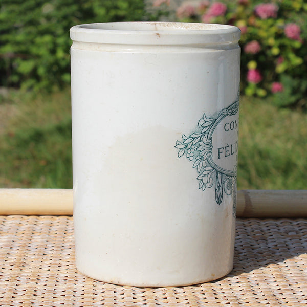 Ancien grand pot à confiture publicitaire 15 cm Félix Potin Paris en grès vernissé