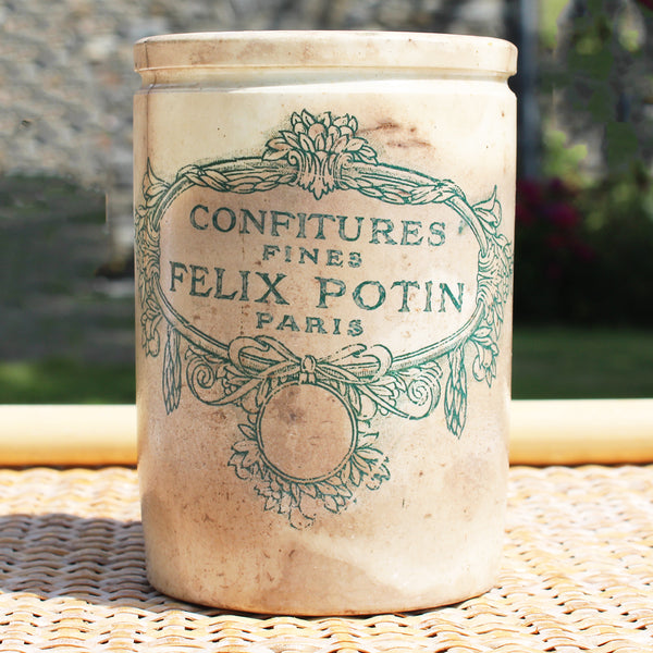 Ancien pot à confiture publicitaire Félix Potin Paris patiné en grès vernissé