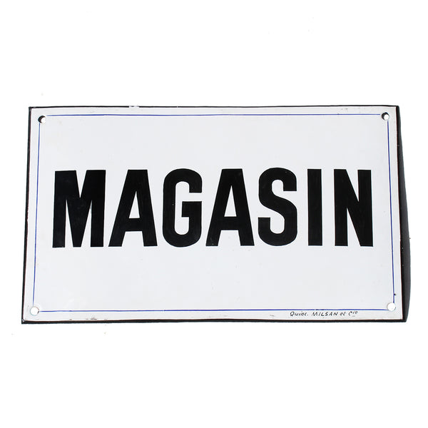 Ancienne plaque émaillée d'utilité bombée / Magasin / 24.8 cm x 14.9 cm