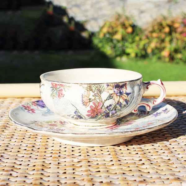 Ancienne tasse à thé + soucoupe en faïence de U & C Sarreguemines modèle Lavallière