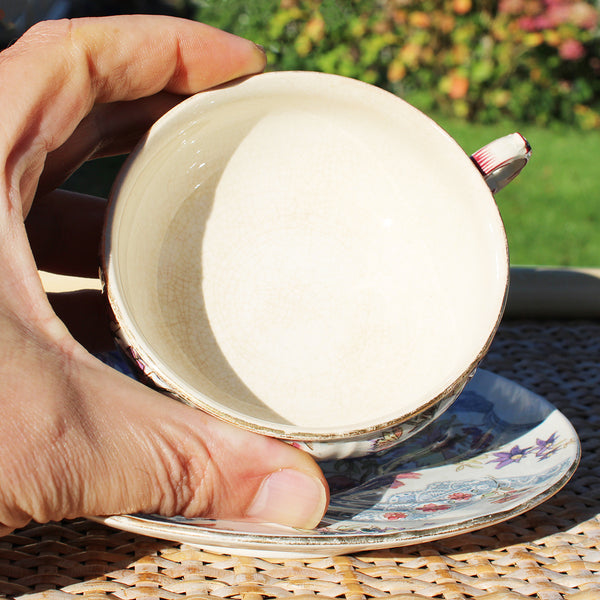 Ancienne tasse à thé + soucoupe en faïence de U & C Sarreguemines modèle Lavallière