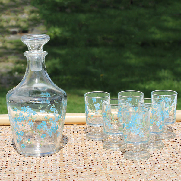 Service à liqueur vintage carafe + 6 verres / modèle Veronica / Myosotis
