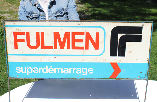 Ancienne plaque publicitaire 76 cm x 31 cm / tôle non émaillée / Batteries Fulmen