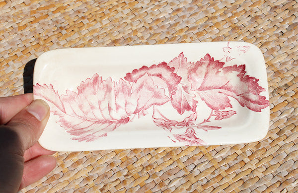 Ancien porte / plat à peigne en faïence Terre de Fer de Longchamp modèle à feuilles