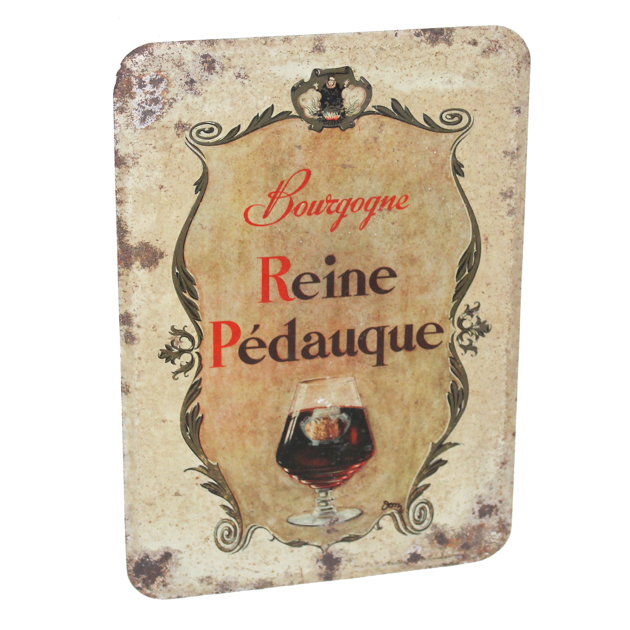 Ancienne plaque en tôle lithographiée Vin Reine Pédauque Bourgogne – Pub vin métal vintage rouillé déco bar cave