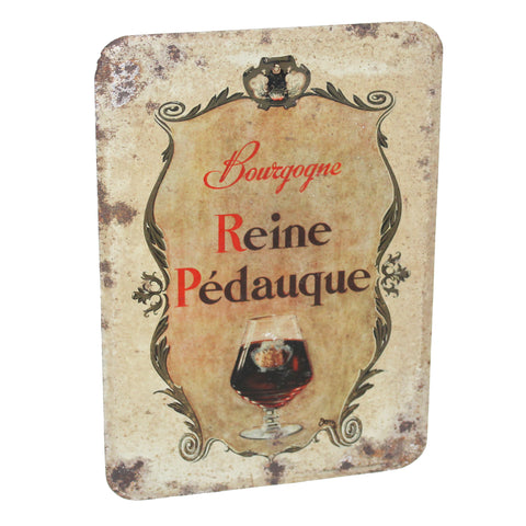 Ancienne plaque en tôle lithographiée Vin Reine Pédauque Bourgogne – Pub vin métal vintage rouillé déco bar cave