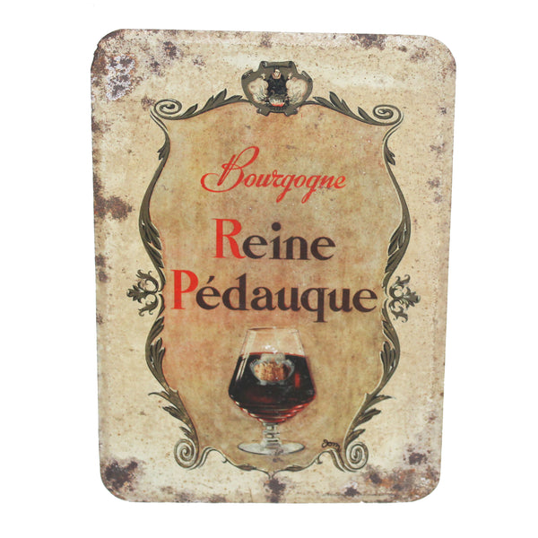 Ancienne plaque en tôle lithographiée Vin Reine Pédauque Bourgogne – Pub vin métal vintage rouillé déco bar cave