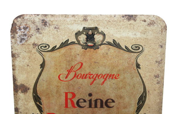 Ancienne plaque en tôle lithographiée Vin Reine Pédauque Bourgogne – Pub vin métal vintage rouillé déco bar cave