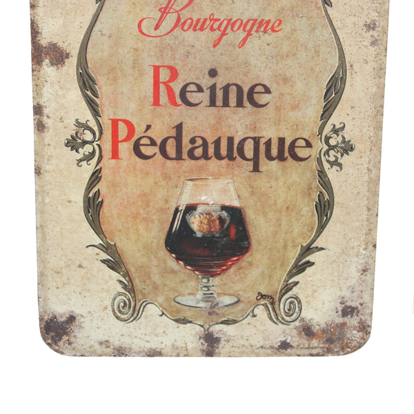 Ancienne plaque en tôle lithographiée Vin Reine Pédauque Bourgogne – Pub vin métal vintage rouillé déco bar cave
