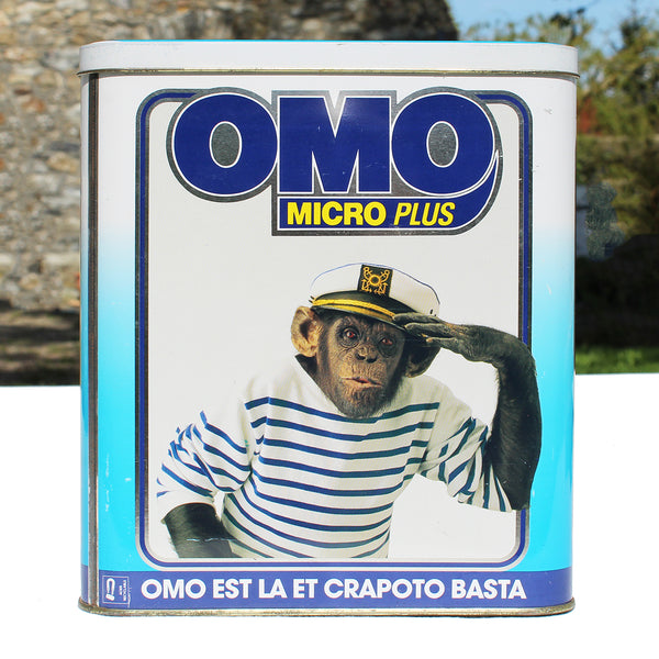 Baril de lessive publicitaire vintage vide Omo Micro Plus Chimpanzés de 1992